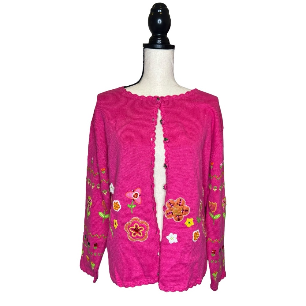 Tiara International Pink Oversized Floral & Embroidered Knit Cardigan Size Small